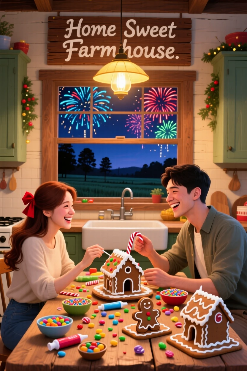 In a family farmhouse, a young couple celebrate together by decorating gingerbread houses at the kitchen table, with fireworks bursting in the sky above.