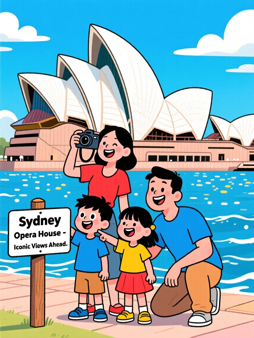 A family photographing the sail-like curves of the Sydney Opera House.