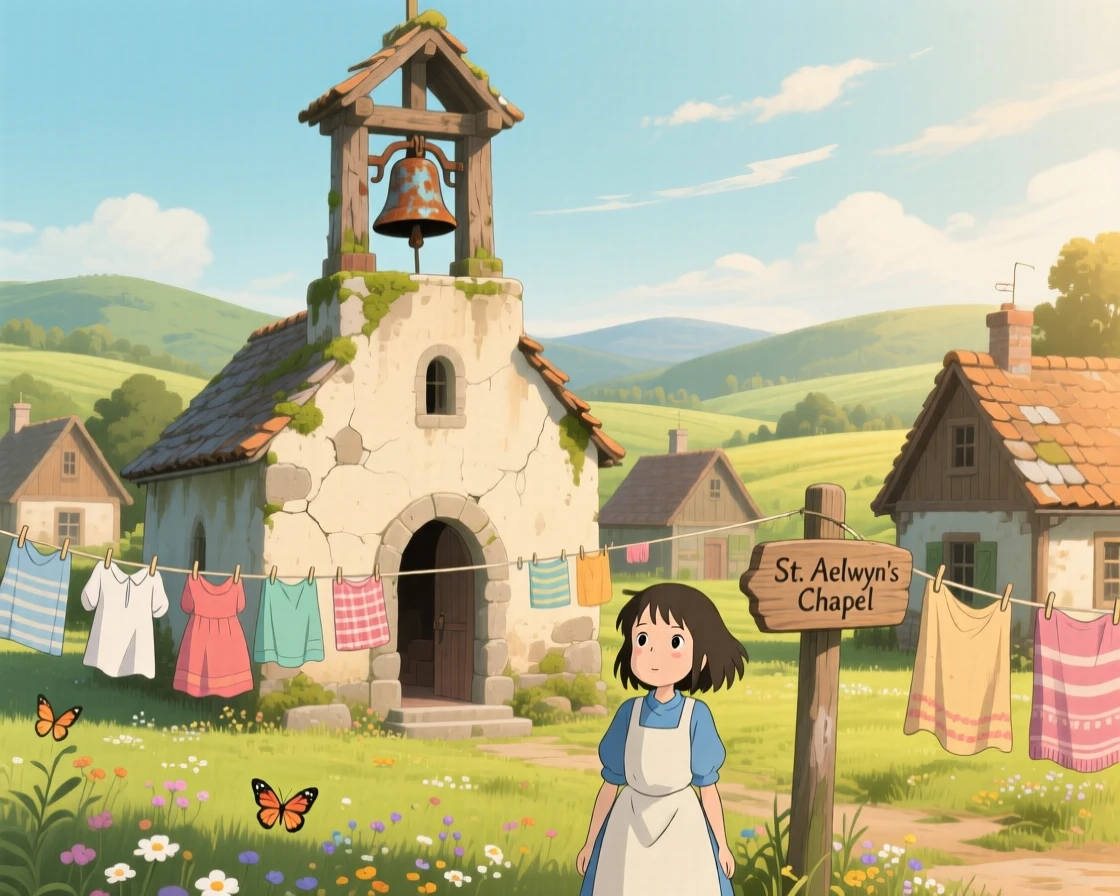 A countryside chapel with a weathered bell tower, with laundry lines strung between houses, fluttering in the breeze, under a warm afternoon sun.