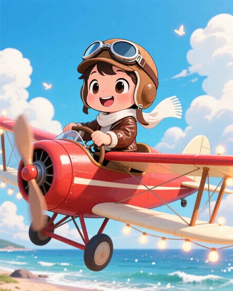 A child pilot steering a biplane through fluffy clouds, framed as a medium shot within a bright blue sky, on a breezy coastal afternoon, glowing under warm fairy-light glow, evoking wide-eyed wonder.