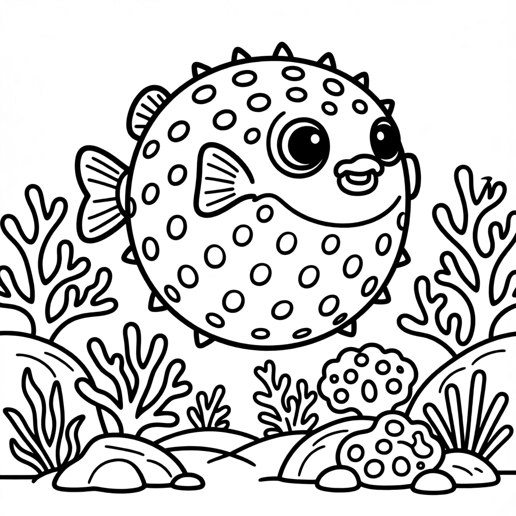 A pufferfish puffing up playfully among coral rocks
