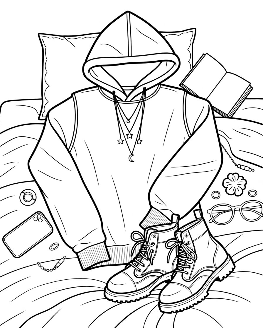 An oversized hoodie paired with combat boots and layered necklaces, laid out on a bed surrounded by scattered accessories.