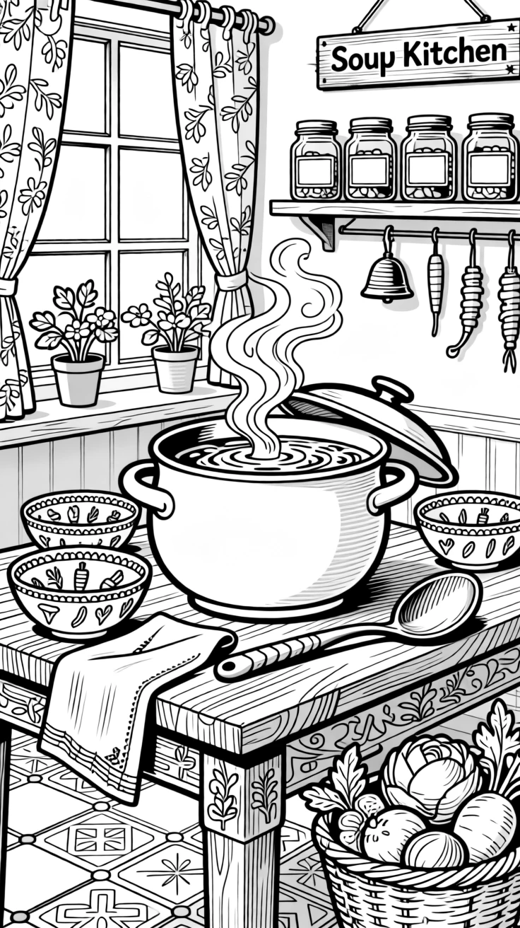 A cozy soup kitchen scene with a steaming pot and ladle beside bowls.