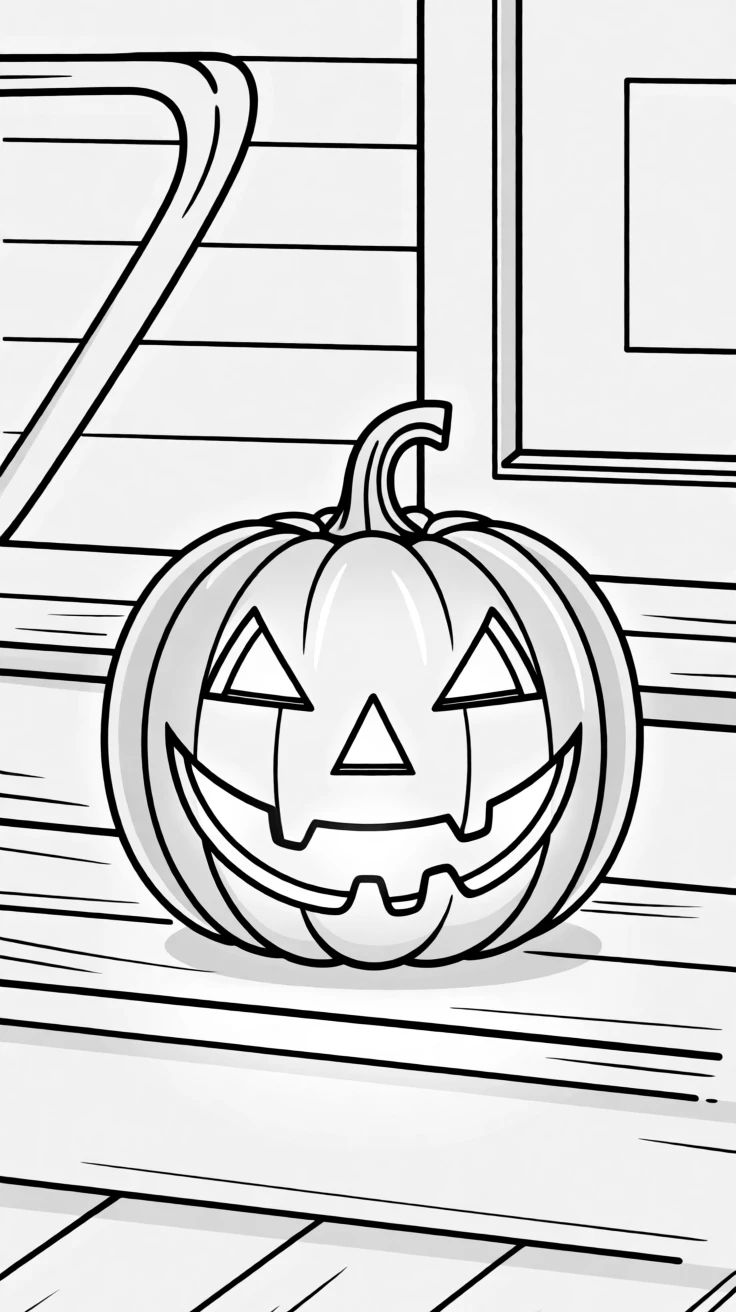 A jack-o'-lantern glowing on a porch at Halloween