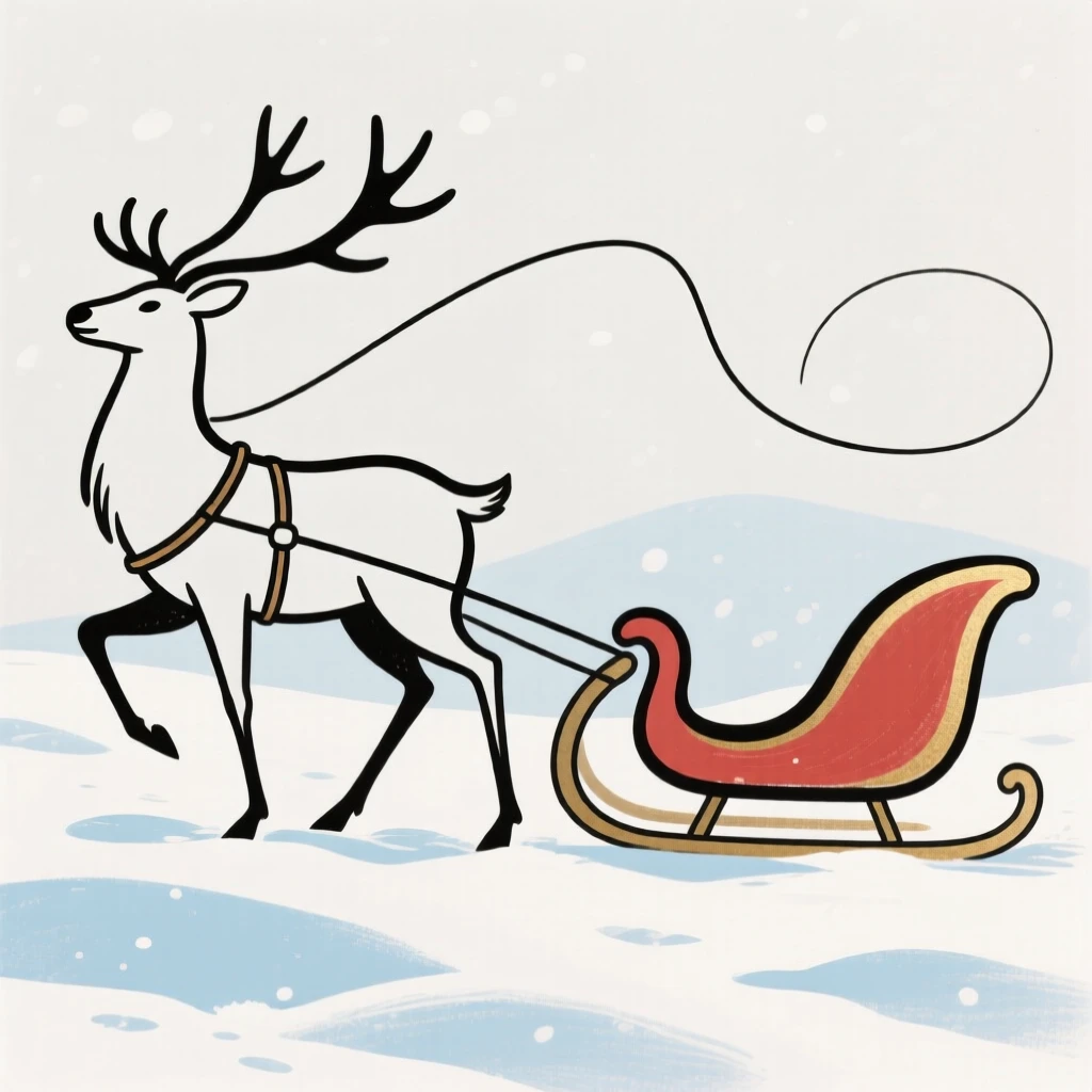Reindeer pulling a sleigh through snow