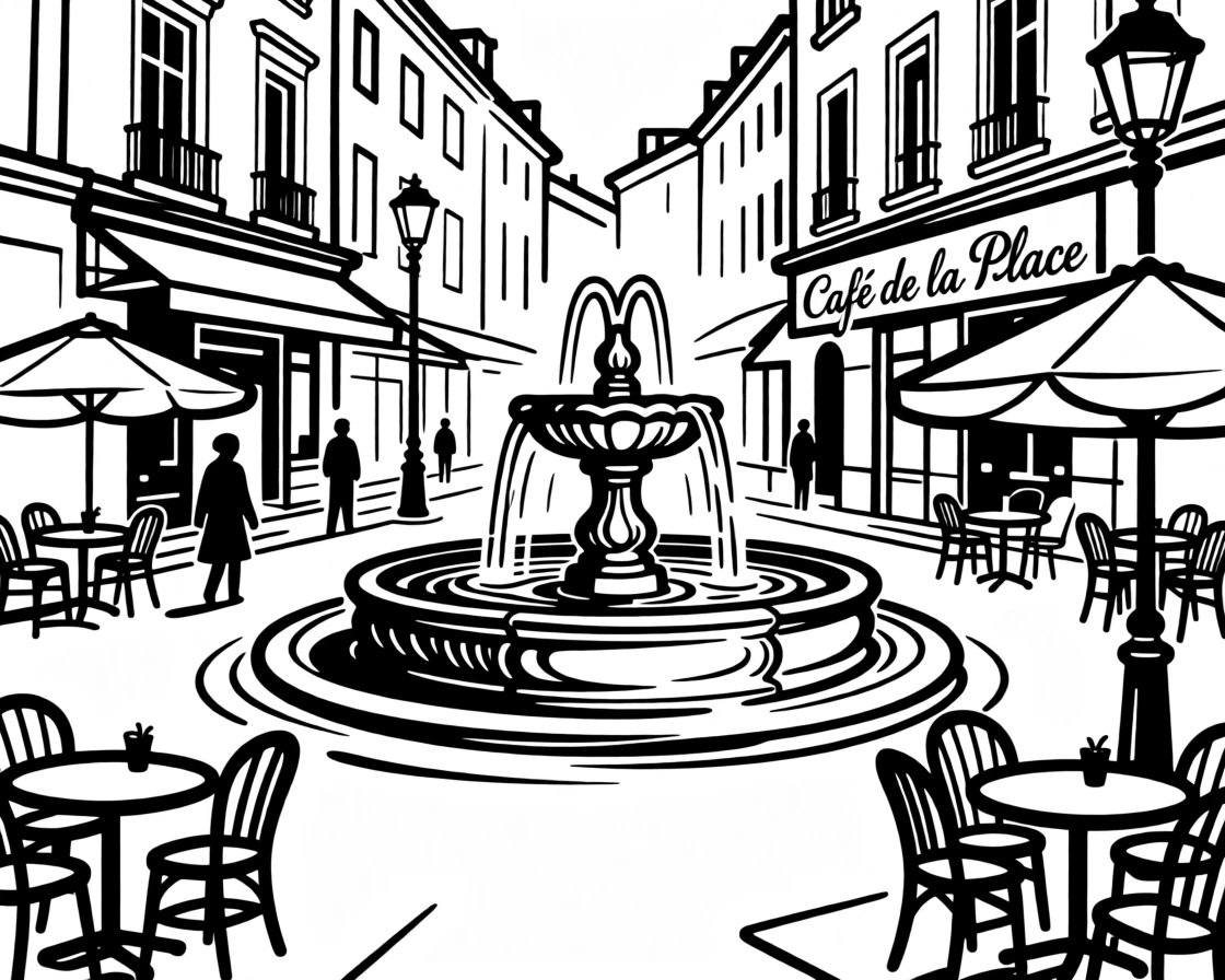A charming European square with a central fountain and outdoor cafés.