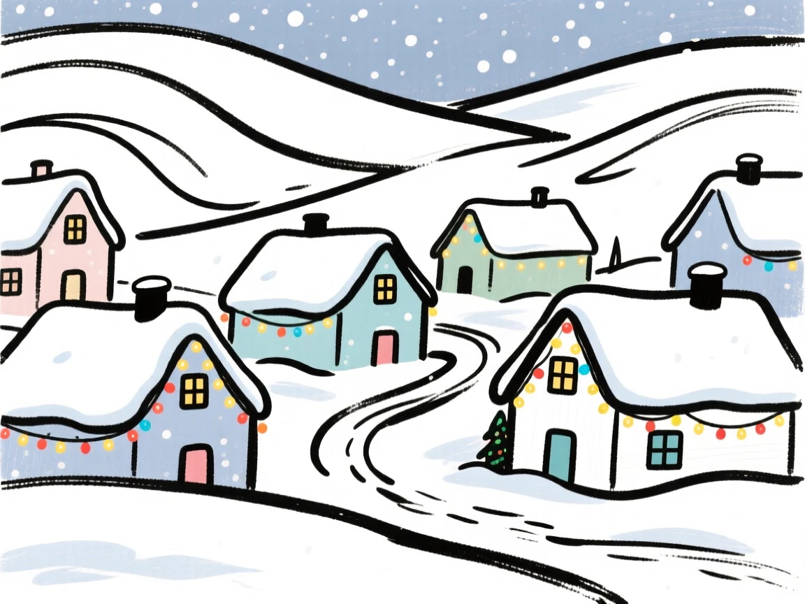 A snow-covered village with twinkling holiday lights on every house.