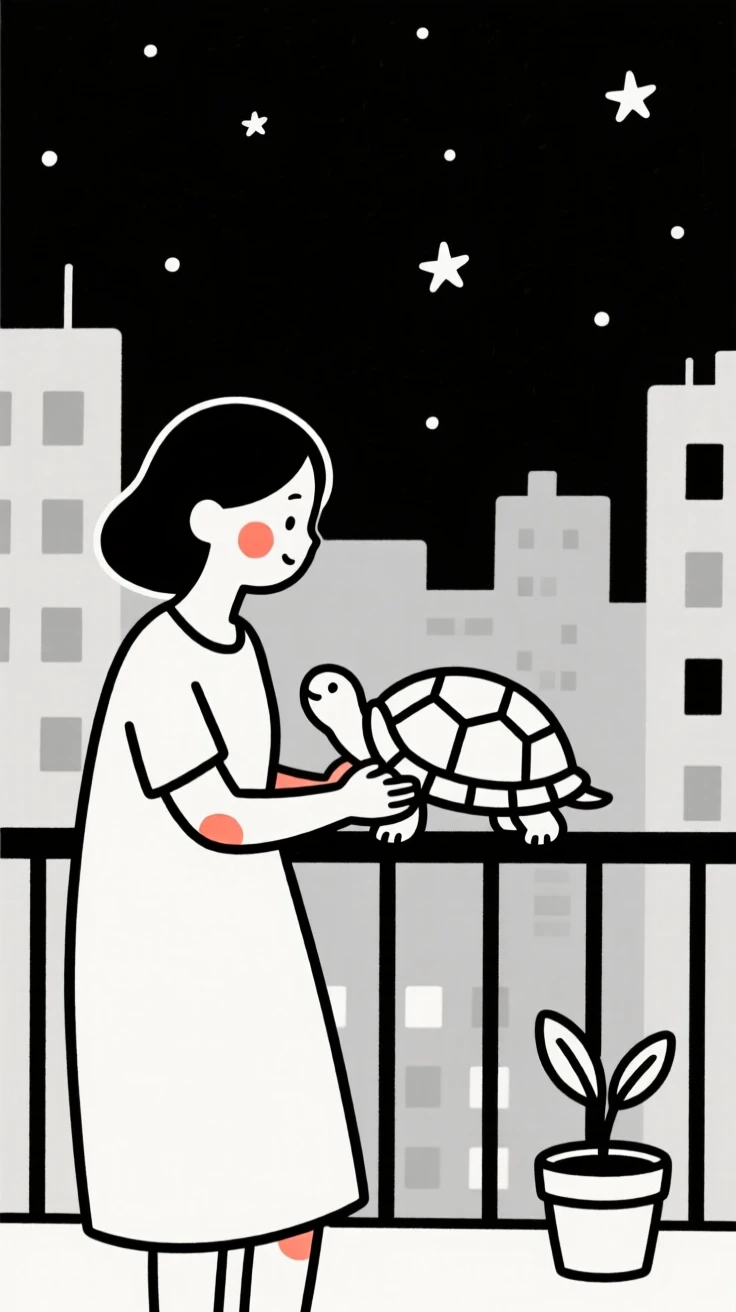 A mother with a pet tortoise, full of curious wonder, on a city balcony at night.