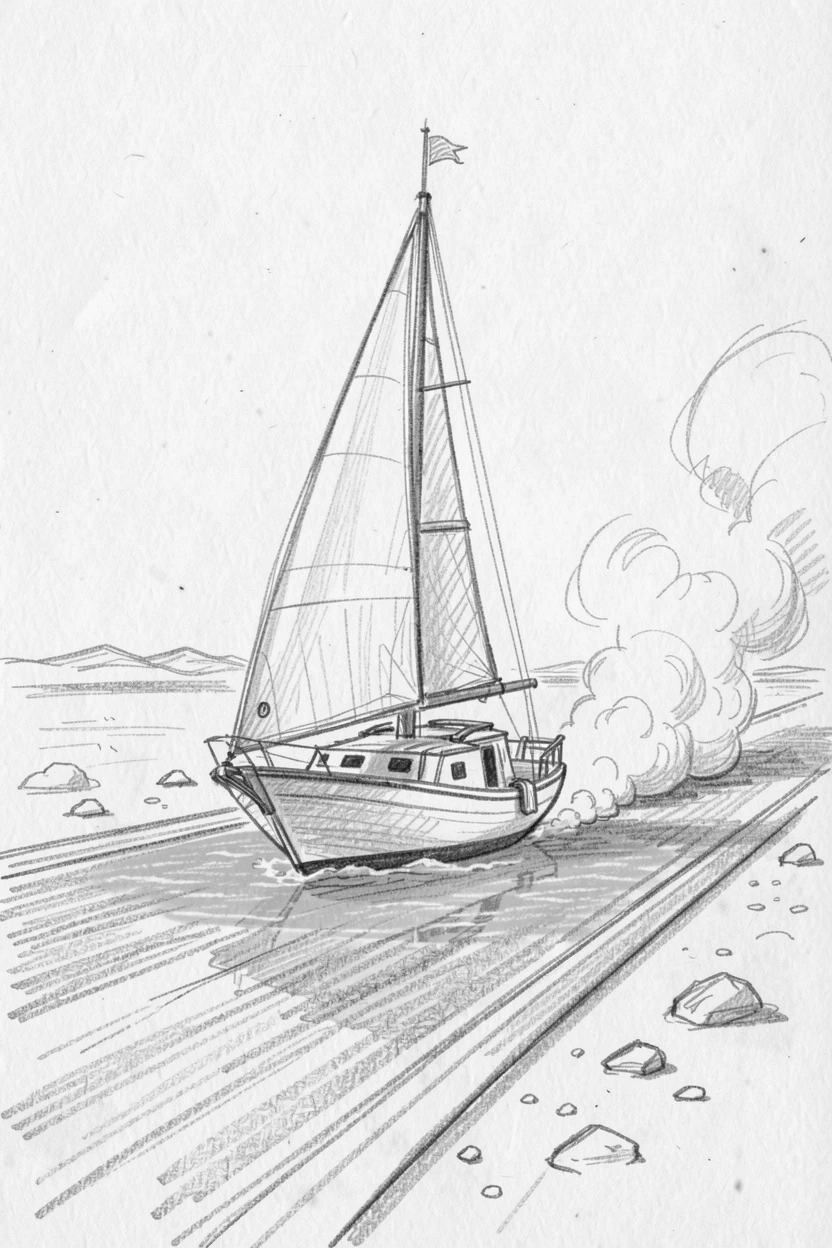 An eye-catching view of a sailboat gliding across calm turquoise water on a dusty desert highway, with a trail of dust rising behind it.
