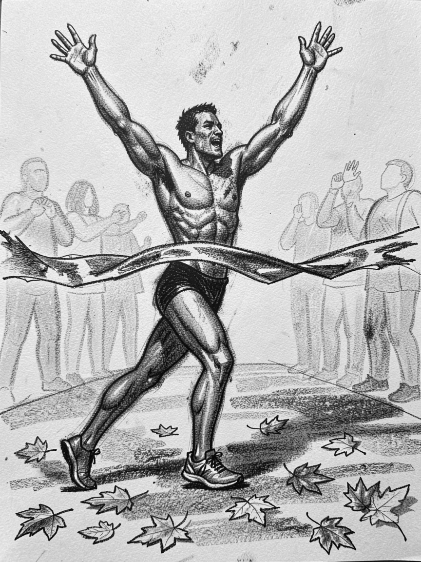 A runner crossing a finish line with arms raised in victory, with autumn leaves scattered underfoot.