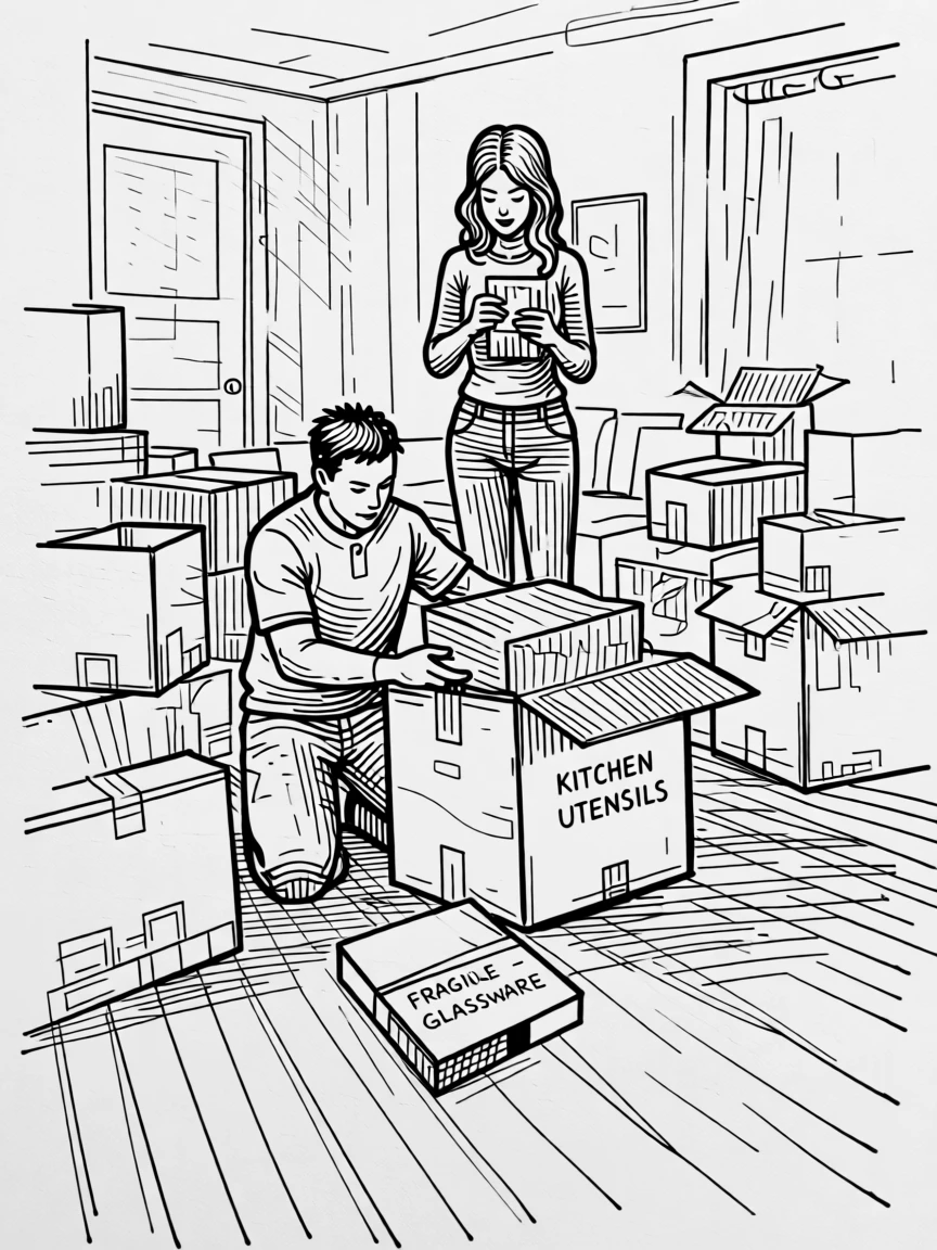 A couple unpacking boxes in their new home, surrounded by moving boxes.