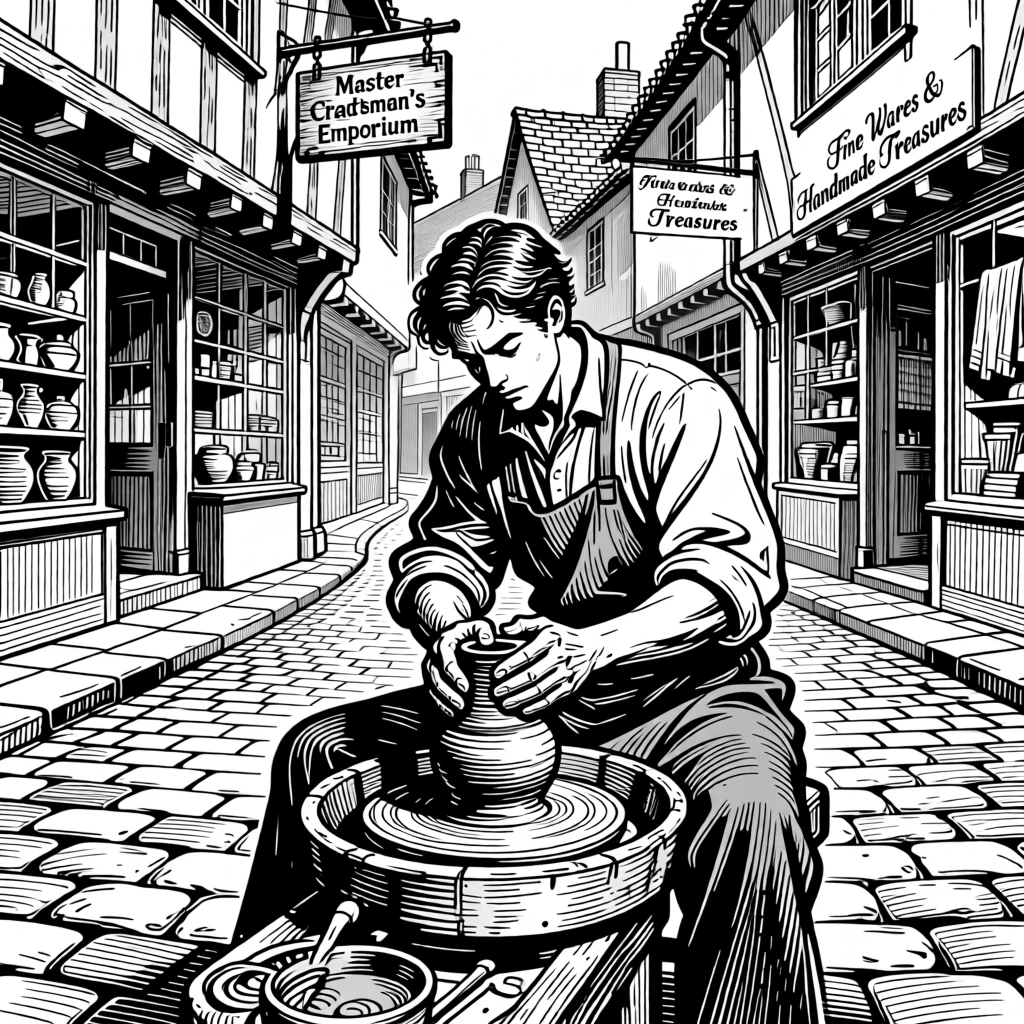 A potter shaping clay at a traditional wheel on a cobbled street lined with old shopfronts, with goods and wares displayed with pride, portrayed in an epic and majestic historical scene.