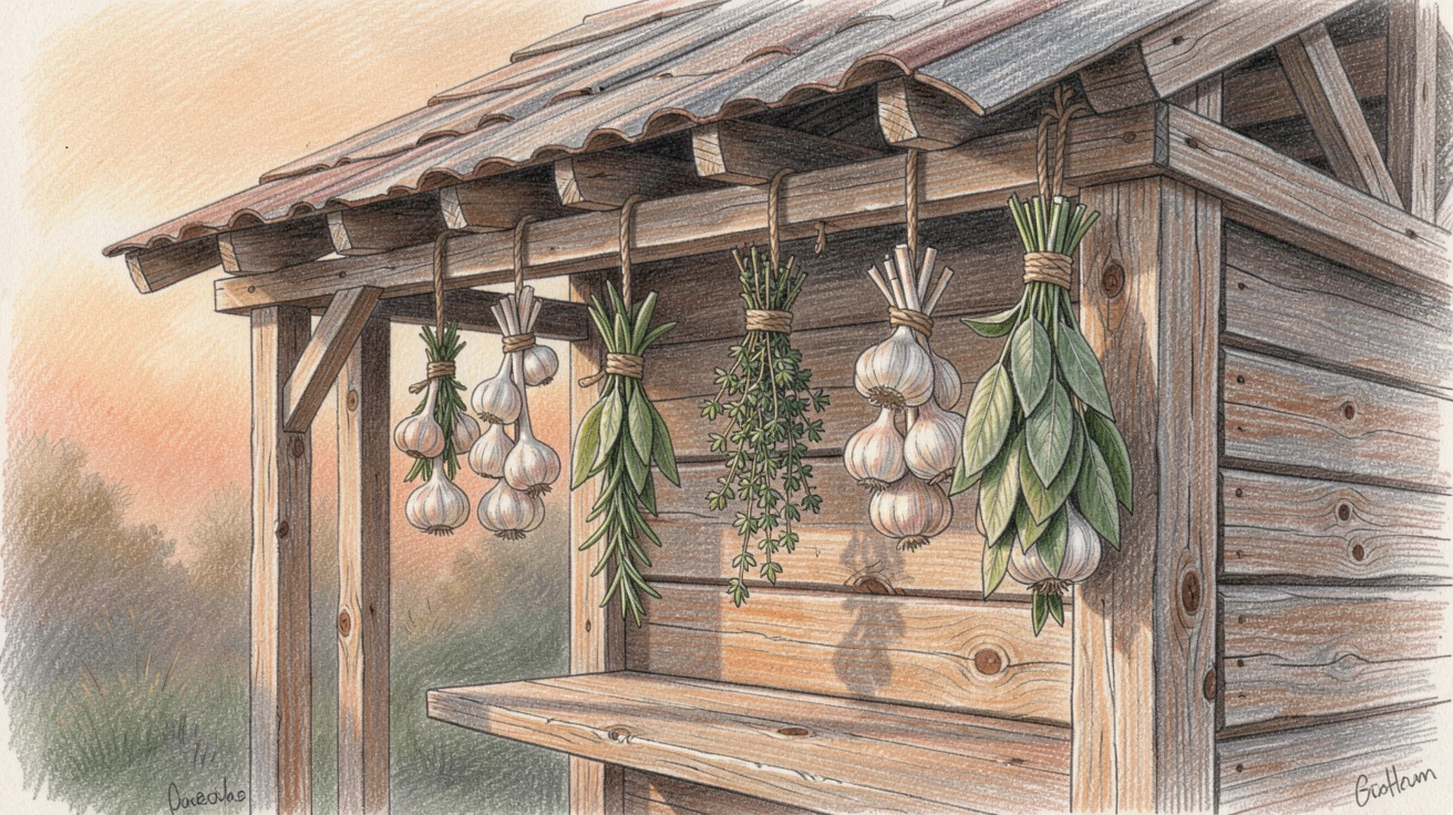 A rustic smokehouse with strings of drying herbs and garlic, set against a softly lit, atmospheric backdrop, radiating comfort, joy, and quiet beauty.