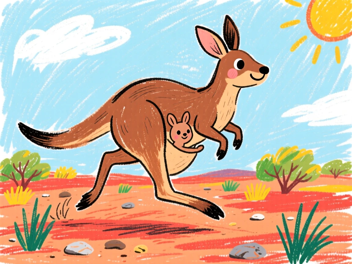 A kangaroo and joey hopping across the Australian outback.