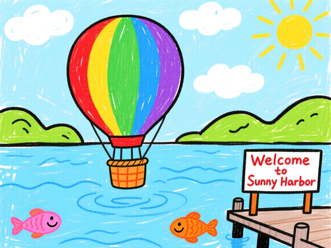 A colorful hot air balloon sailing across a calm blue harbor.