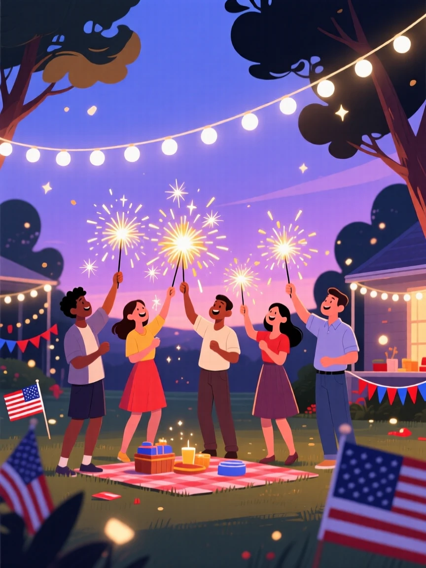 A colorful Fourth of July sparkler celebration at dusk, surrounded by twinkling fairy lights at dusk, composed with warm inviting light filling the scene, with warm twinkling lights adding a magical sparkle.