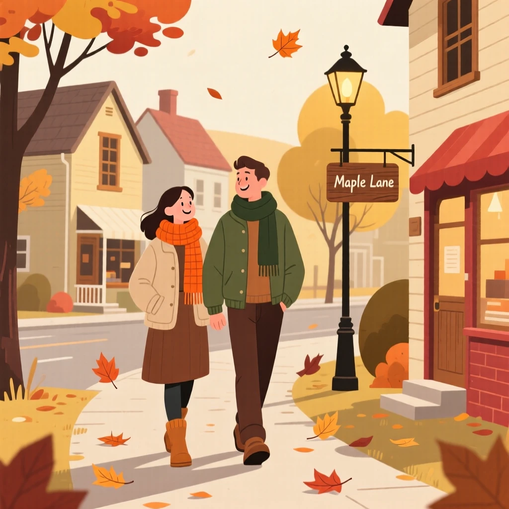 An autumn scene of a couple walking in a small countryside town.