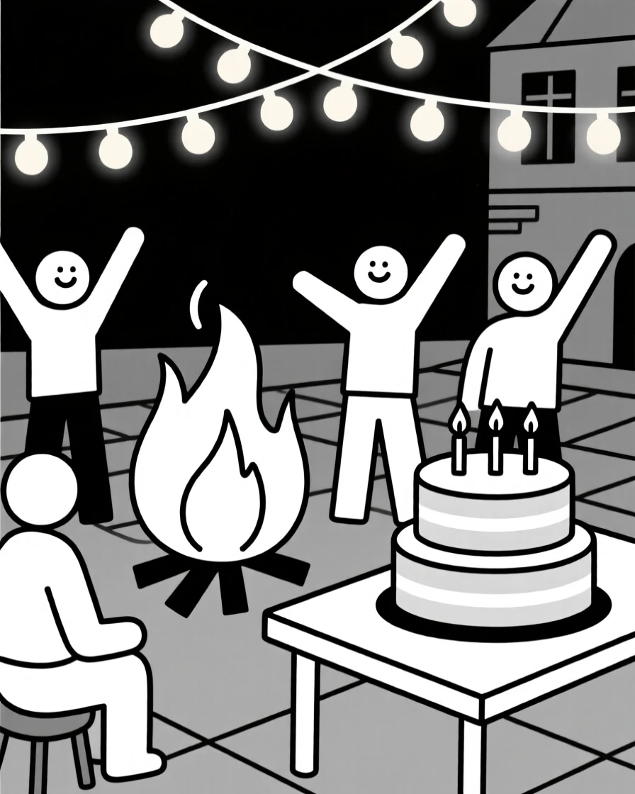 A joyful summer bonfire gathering taking place in a festively lit town square, decorated with a tiered celebration cake, full of joyful celebration.