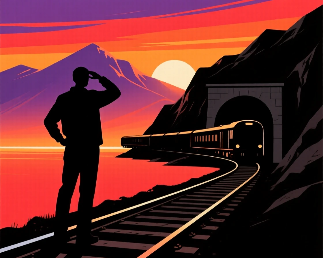 A lone traveler watching a train disappear into a distant mountain tunnel.