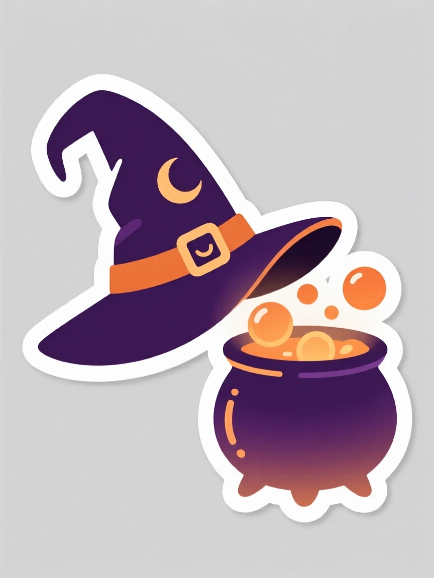 A spirited and joyful witch's hat resting beside a bubbling cauldron, glowing softly in the evening light, during a beloved yearly tradition.