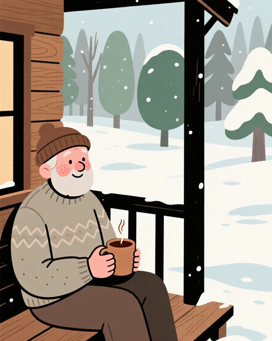 Snow blankets a forest clearing while a elderly man watches from a snug porch, a mug of spiced cider warming their hands.