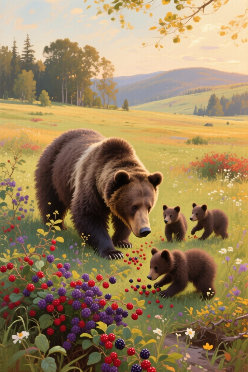 A sweeping wide shot of a mother bear and her cubs foraging in a berry-laden meadow, during the summer harvest, in the 1920s.