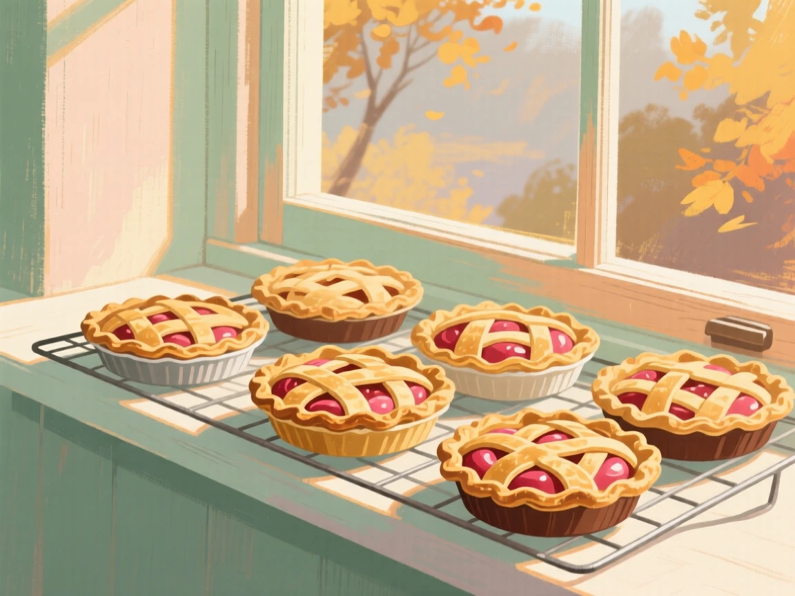 A batch of apple pies cooling on a windowsill in autumn light
