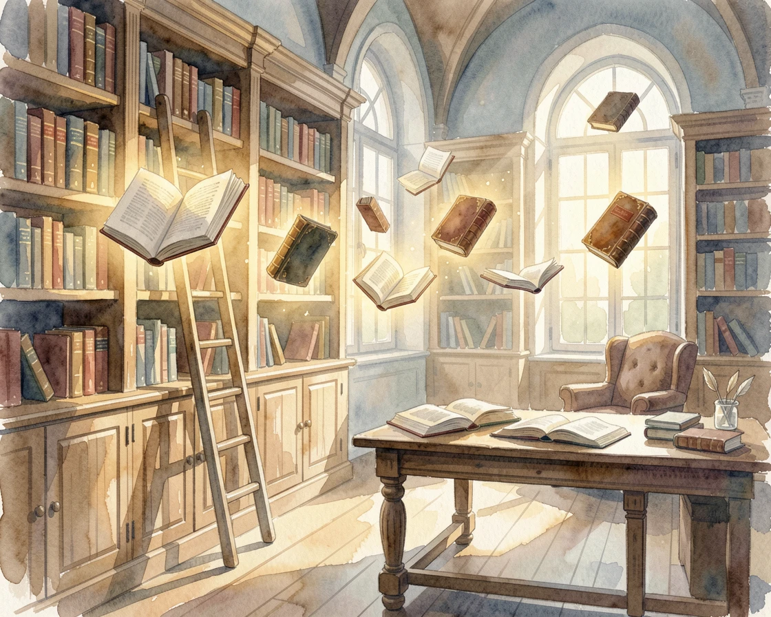 A magical library with books that float off the shelves with a gentle magical glow illuminating the scene.