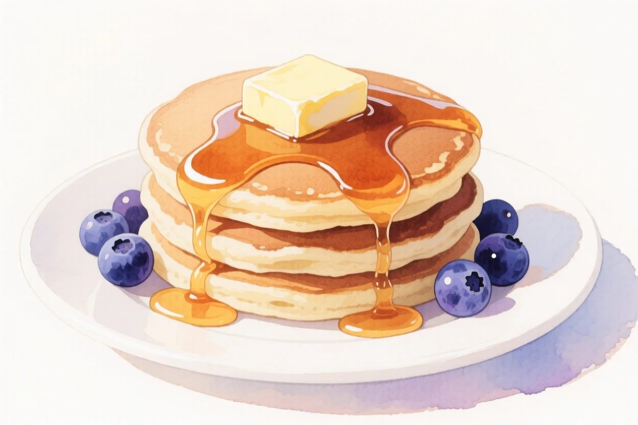 A stack of fluffy pancakes drizzled with maple syrup and topped with butter and fresh blueberries on a white plate