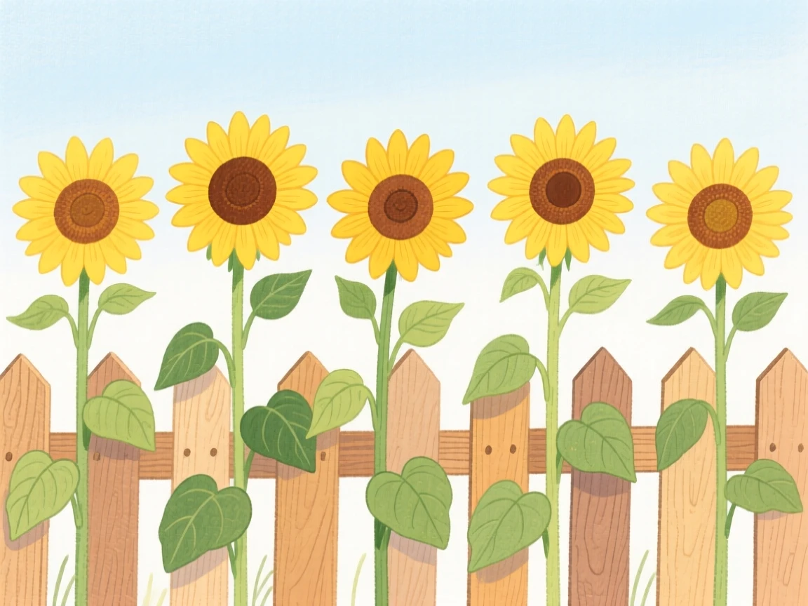 A row of sunflowers taller than a garden fence, vivid and full of life.
