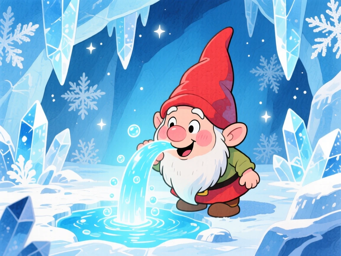 A mischievous gnome drinking from a magical spring that glows softly blue, in a sparkling ice cave, sparking pure childlike delight.