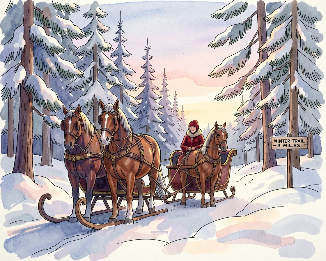 A winter sleigh ride through a snow-covered forest at dusk, a festive warmth filling the entire scene.