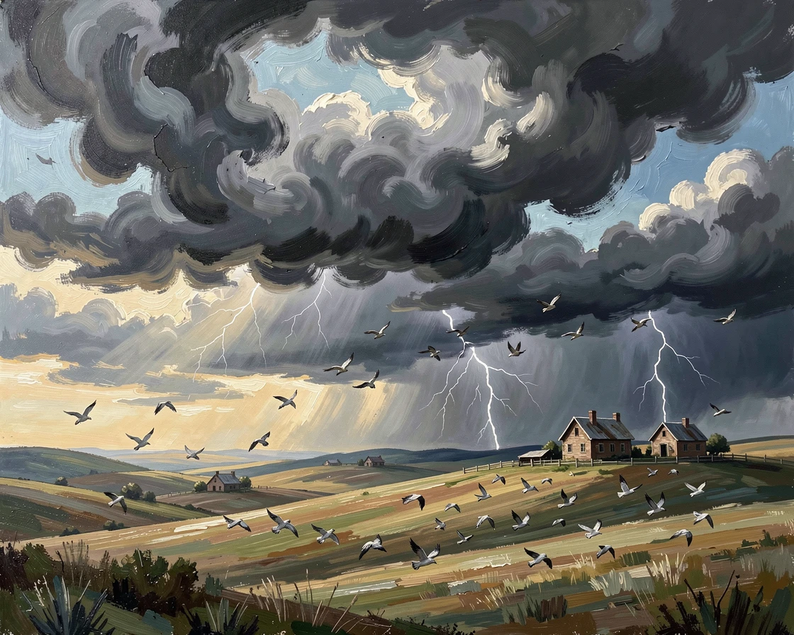 A dramatic thunderstorm rolling across open plains, birds scattering ahead of the approaching storm, over rolling hills dotted with scattered farmhouses, beneath a sky shifting rapidly between light and shadow.
