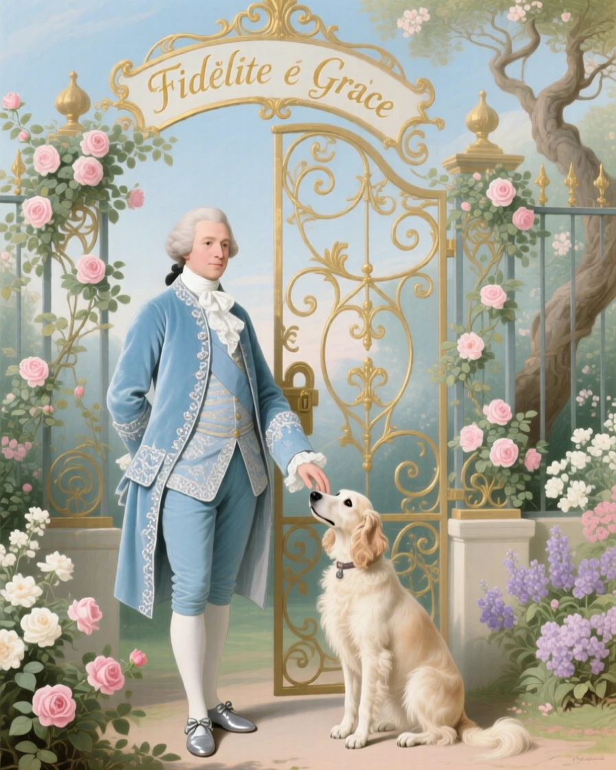 A gentleman representing loyalty, standing beside his faithful hound at a garden gate  