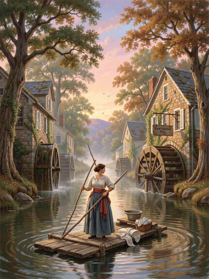 A washerwoman poles a raft along a river lined with old stone mills at the first light of morning.