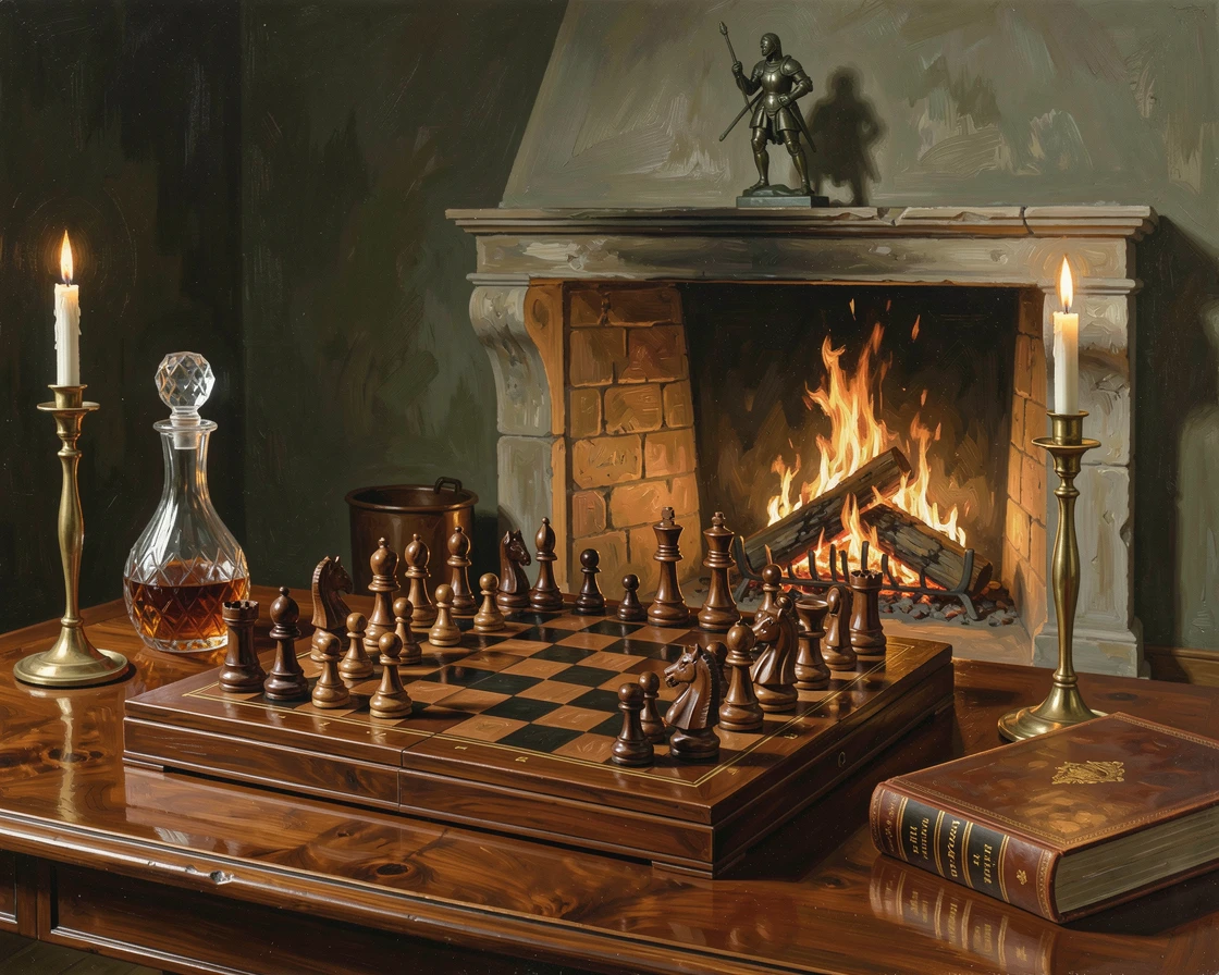 A leather-bound chess set mid-game beside a crackling fireplace, surrounded by tasteful, understated decorative details, evoking elegance, refinement, and quiet luxury