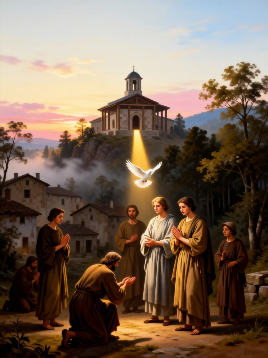 A group of pilgrims arriving at a mountaintop sanctuary at dawn in an instant of grace touching the ordinary world, set within a humble village at the edge of a quiet forest, with a single dove or beam of light marking the sacred moment; quiet, uncluttered space allows the emotional core room to breathe, filled with serenity and the quiet dignity of devotion.