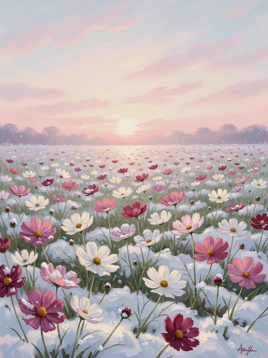 A field of blooming cosmos flowers swaying gently in a warm breeze beneath a pastel evening sky, under a fresh blanket of snow, inspiring awe at the beauty of the scene.