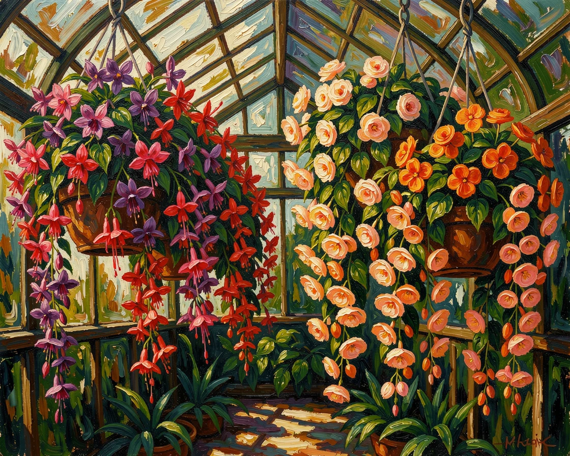 A greenhouse filled with hanging baskets of trailing fuchsias and begonias.