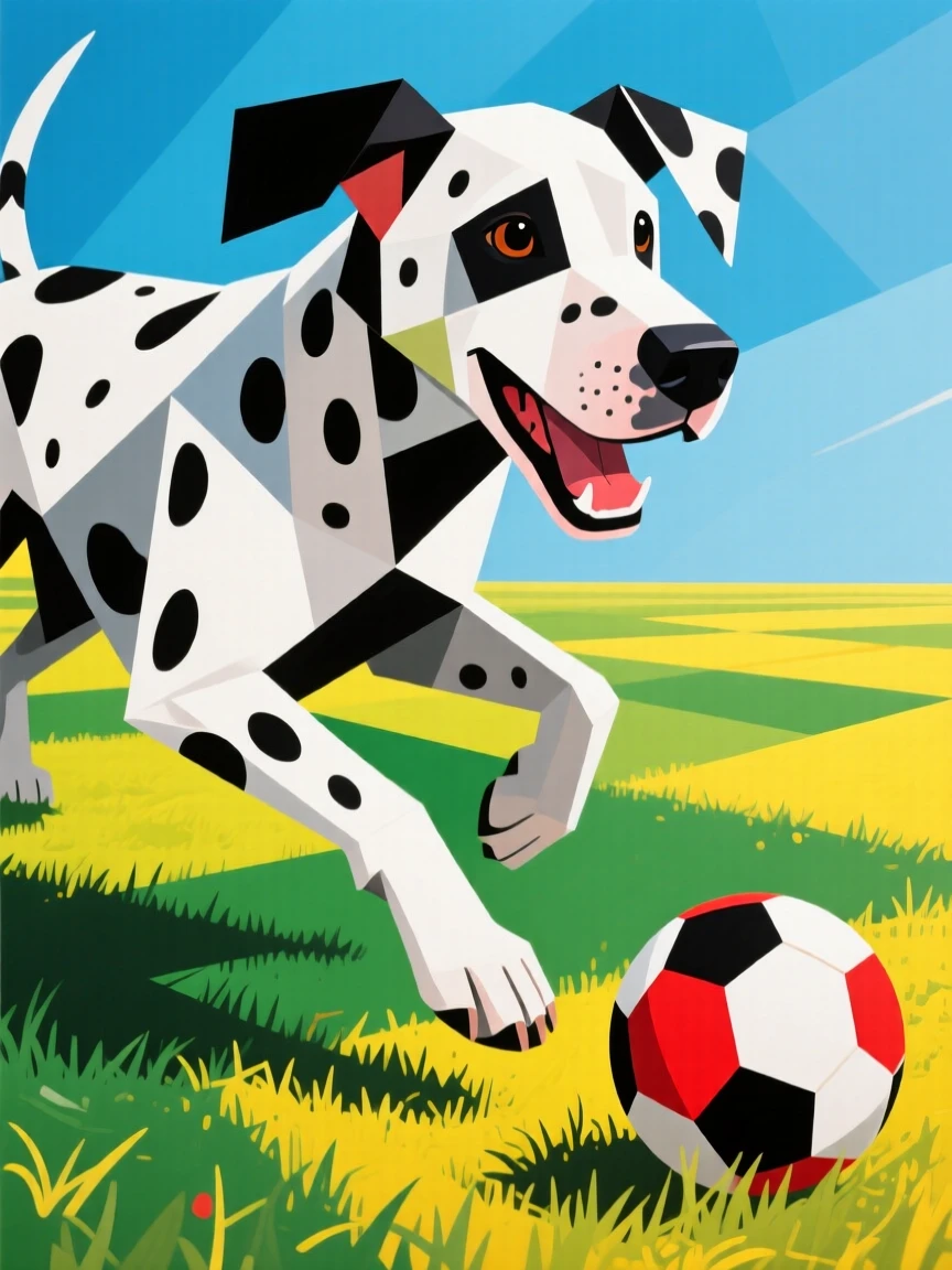 A charming close-up of a spotted dalmatian chasing a ball across a sunlit lawn on a bright afternoon.