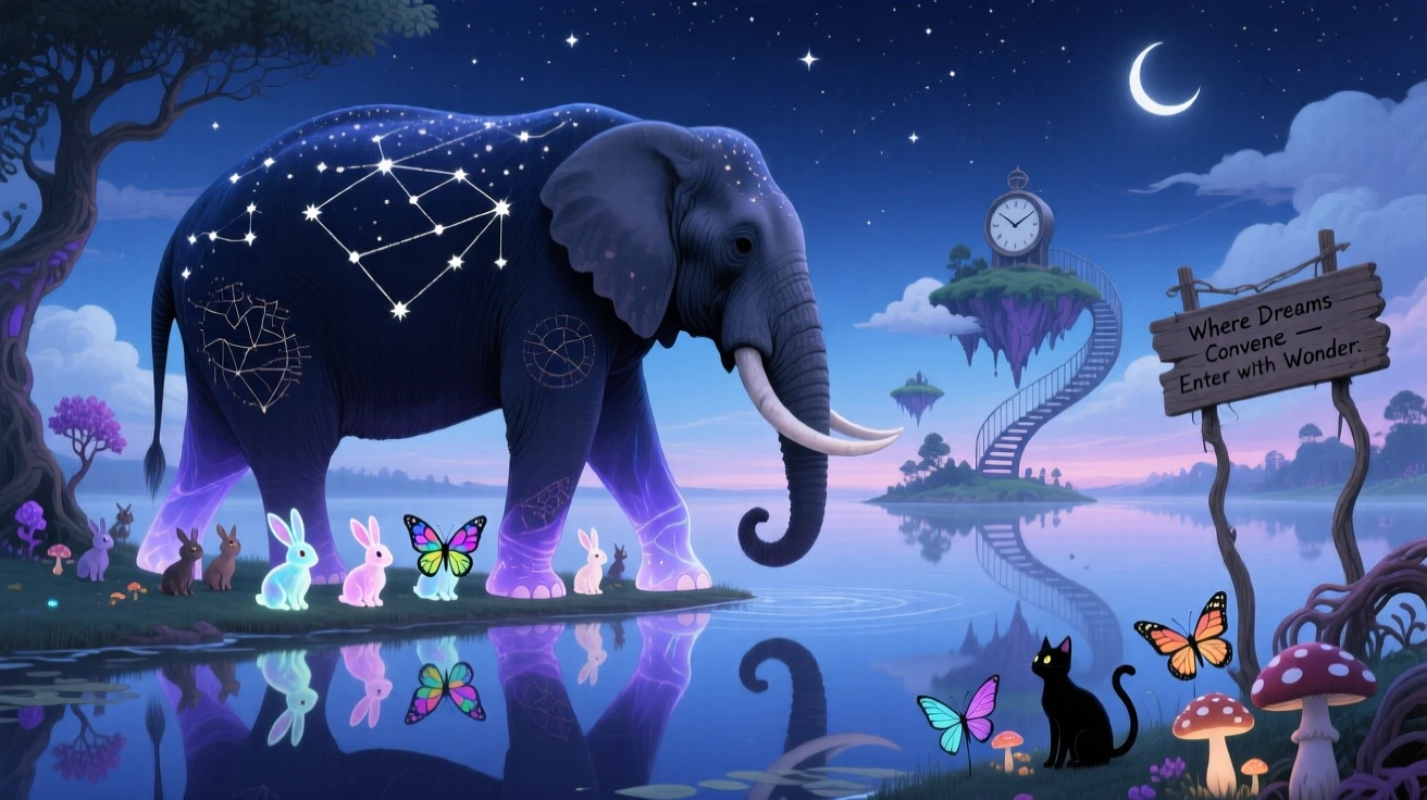 An elephant with a night sky patterned across its skin wanders along the edge of a mirror-smooth lake, as small creatures gather quietly to watch it pass.