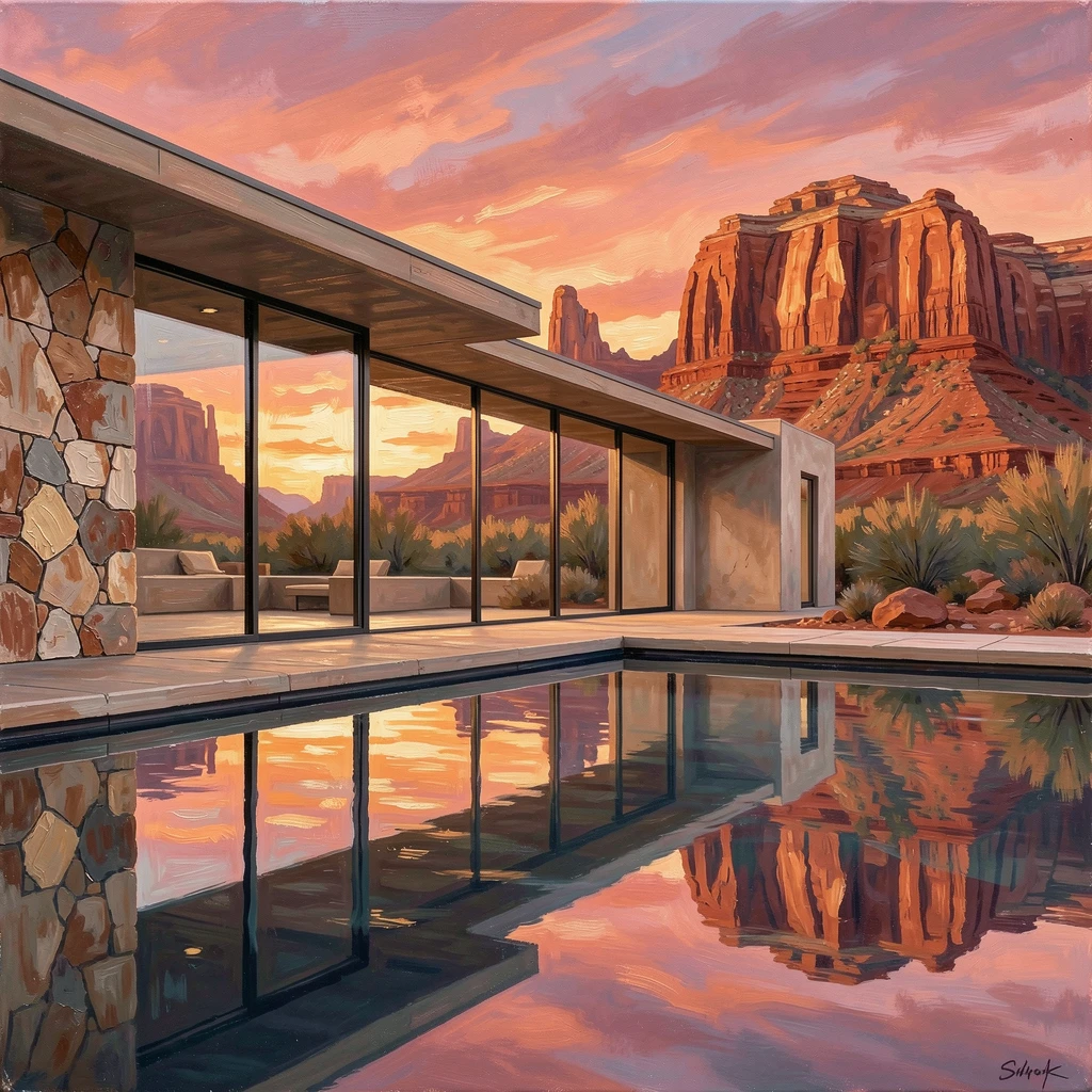 A modern desert home in Arizona shows floor-to-ceiling glass walls framing dramatic red rock formations, an infinity pool reflecting the sunset, the play of light across weathered surfaces revealing decades of history in every wall.