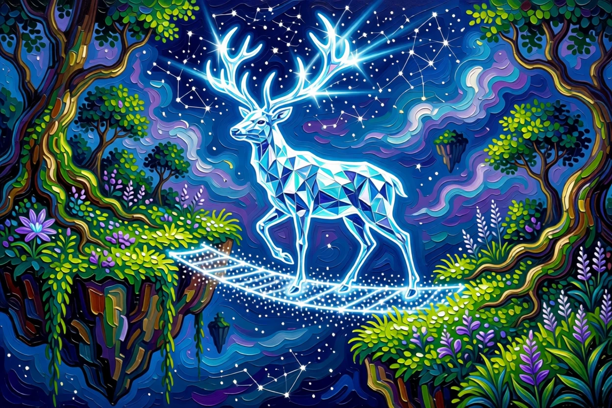 a crystal stag with antlers of pure light crossing a bridge of starlight between two floating islands