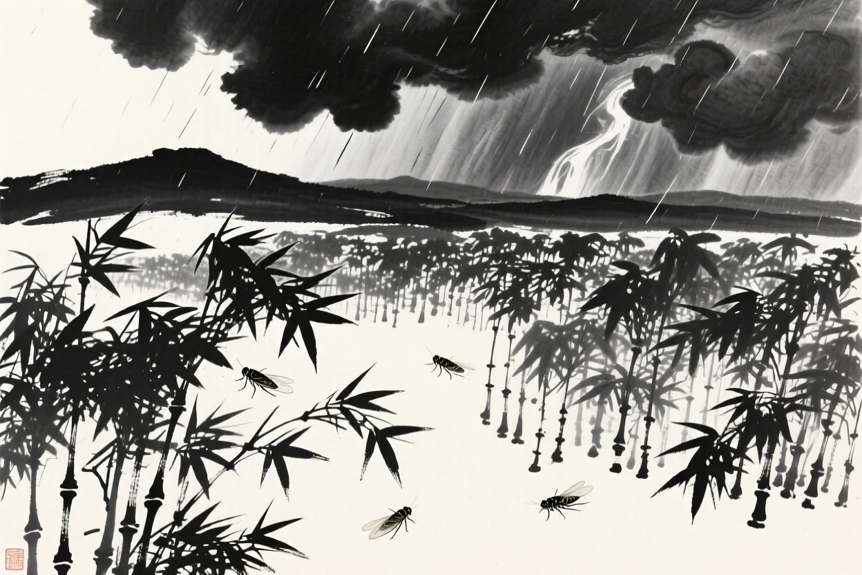 Cicadas fill the air with sound in a shaded bamboo grove, with dark clouds building over the distant ridgeline.