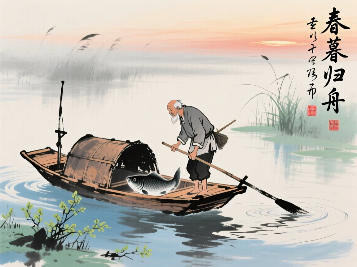 An elderly fisherman guiding his small boat home at dusk, filled with tranquil stillness, in early spring.