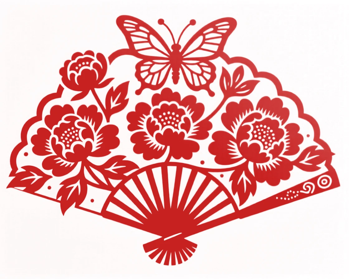 A decorative fan-shaped composition of layered peonies and butterflies in a radiating arrangement