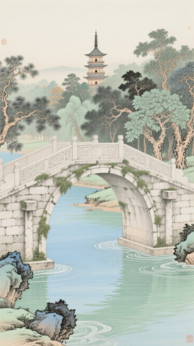 An ancient stone bridge arching over a slow river, with a distant temple bell tower rising above the treeline