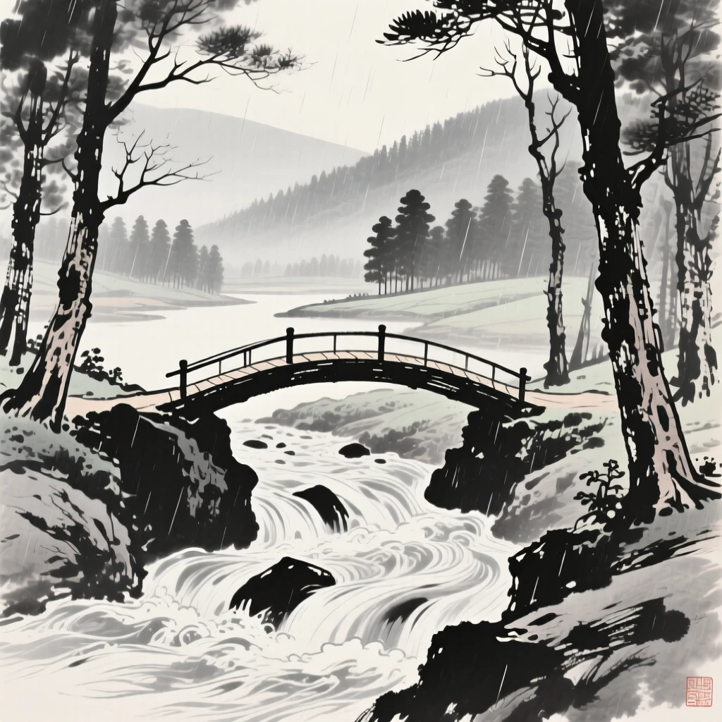 A narrow footbridge arching over a rushing mountain stream while a light rain blurs the distant tree line, framed through a gap in the trees, revealing the valley beyond, carrying a feeling of timeless peace and stillness.