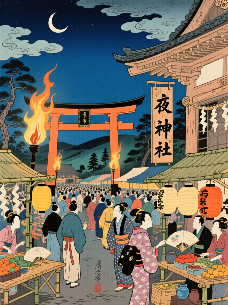 A crowded night market gathered at a torch-lit shrine at midnight.