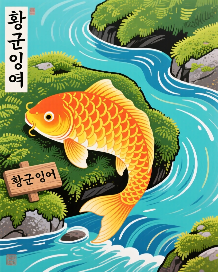 A single golden koi resting on a mossy stone beside a stream.